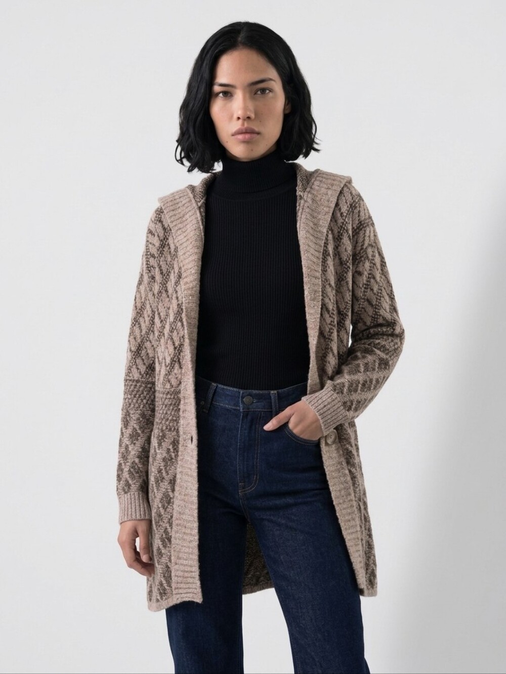 Hinge Boho Hooded Brown & Tan Cardigan Sweater NWT Misses MED/LARGE